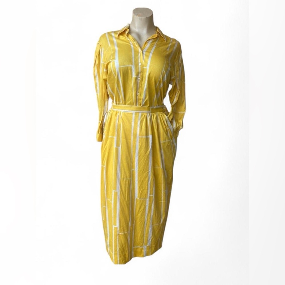 Vintage 70s/80s Jaeger London Yellow Skirt, Blouse Set W/Pockets Size 14
